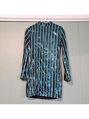 New Look Sequins Green Vertical Striped Long Sleeve Open Back Dress Size 2